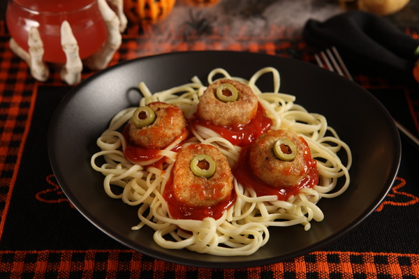 Olive meatballs spaghetti Stock Photo
