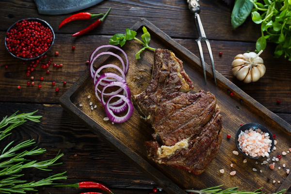 Pepper spices and delicious roast beef in the tray Stock Photo 07