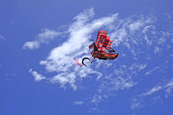 Pirate ship kite in the sky Stock Photo