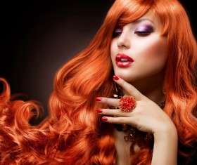 Red long hair beautiful woman Stock Photo