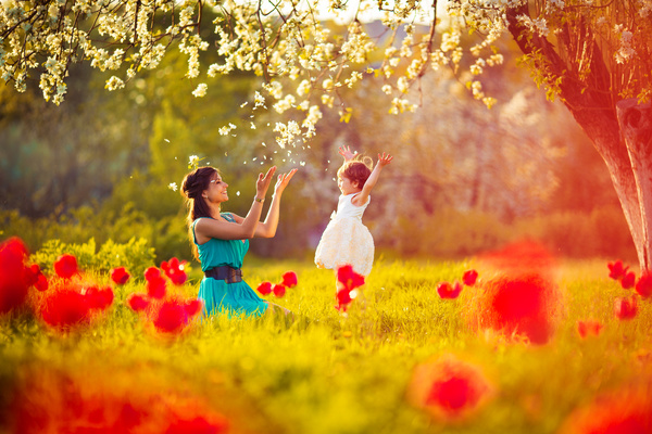 Spring to accompany the children outing mother Stock Photo