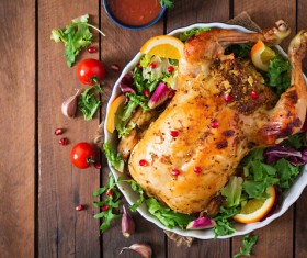 Stewed whole chicken and side dishes Stock Photo 01