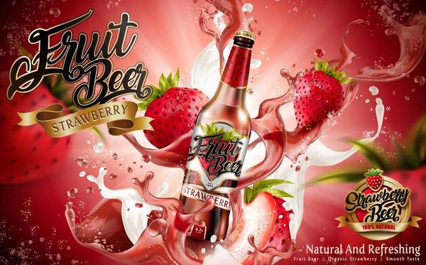 Strawberry beer poster illustration vector 02