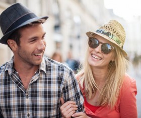 Street shot smiling couple Stock Photo