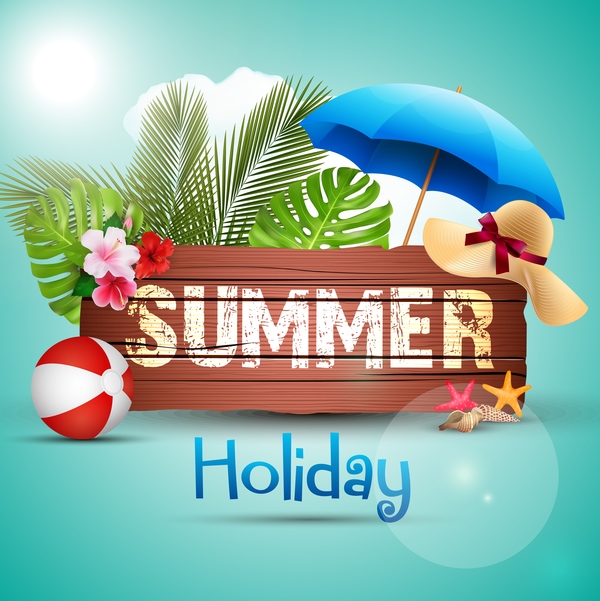 Summer holiday tropical background with wooden sign vector