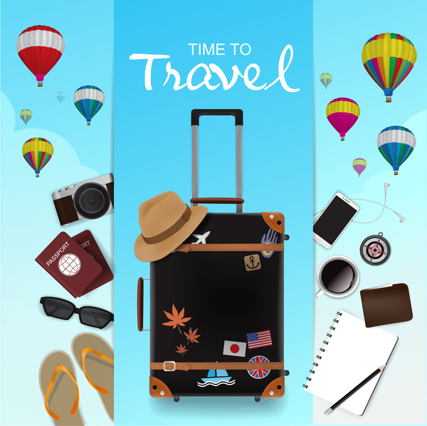 Travel elements with hot balloons vector