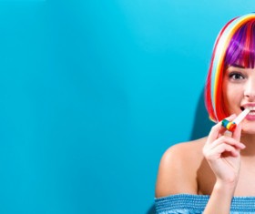 Wearing a colorful wig naughty girl Stock Photo 05