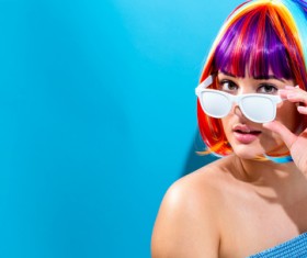 Wearing a colorful wig naughty girl Stock Photo 06