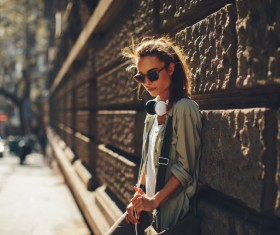 Wearing headphones listening to music young girl Stock Photo 07