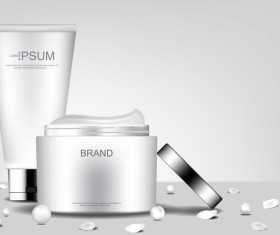 White cosmetic products with pearls and petals poster template vector