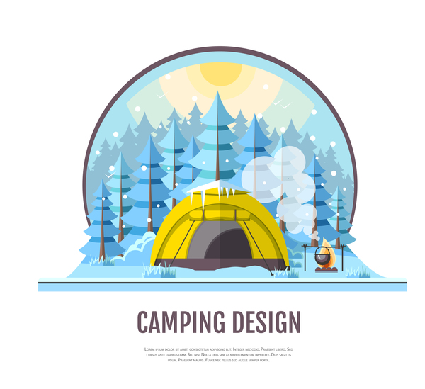 Winter camping tent background vector design 07