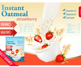 wheat oatmeal with strawberry and milk poster template vector