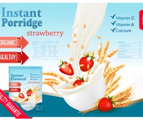 wheat porridge with strawberry and milk poster template vector