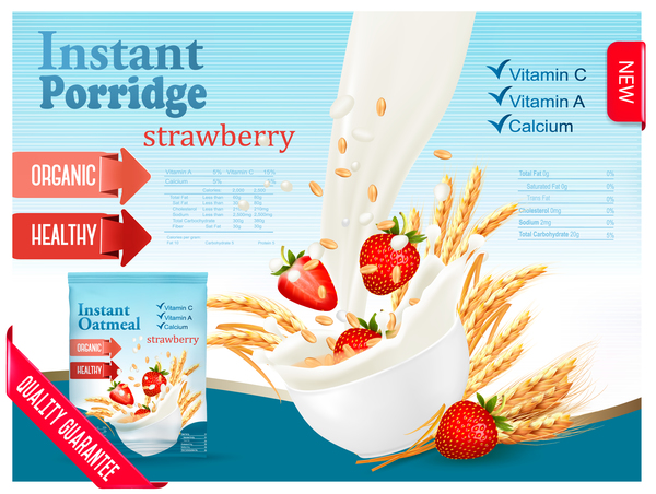 wheat porridge with strawberry and milk poster template vector