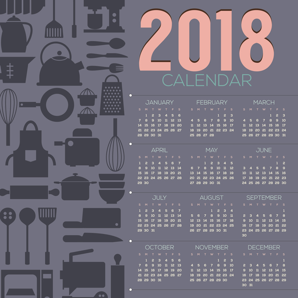 2018 calendar template with kitchenware background vector 01