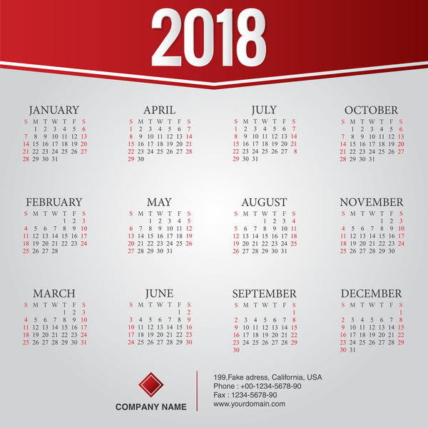 2018 company calendar template red styles vector