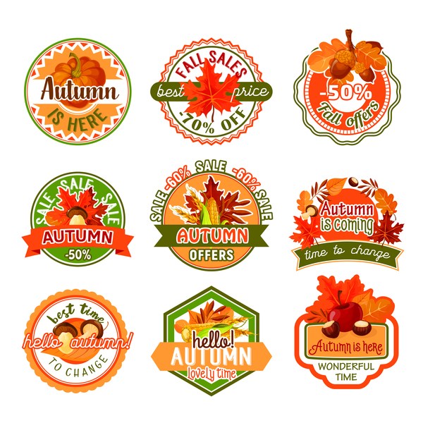 9 Kind autumn sale labels with badge vector