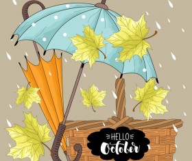 Autumn leaves and umbrellas with rain background vector