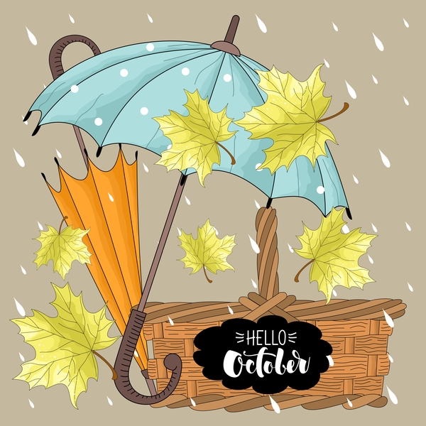 Autumn leaves and umbrellas with rain background vector