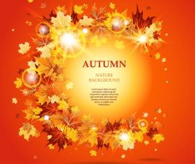 Autumn leaves background with shining light circles vector 01