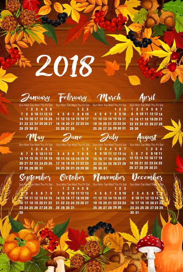 Autumn styles 2018 calendar template vector 03