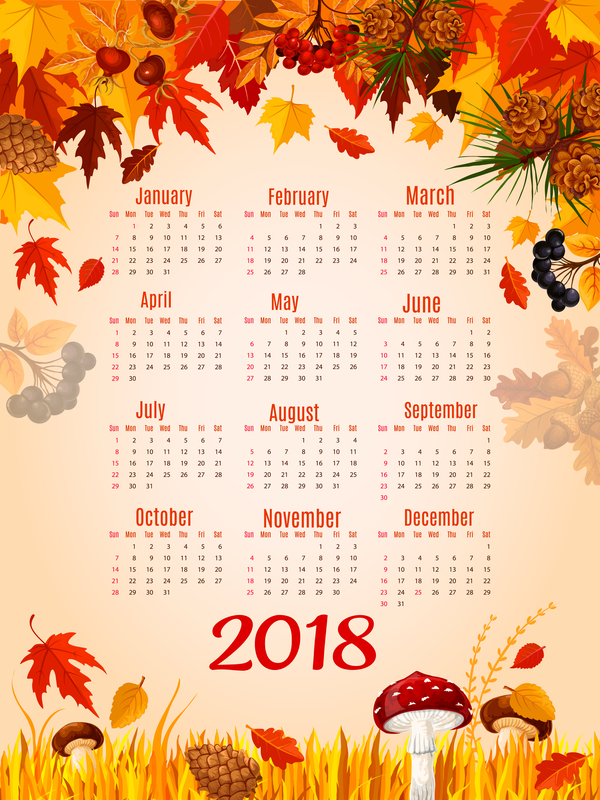 Autumn styles 2018 calendar template vector 05