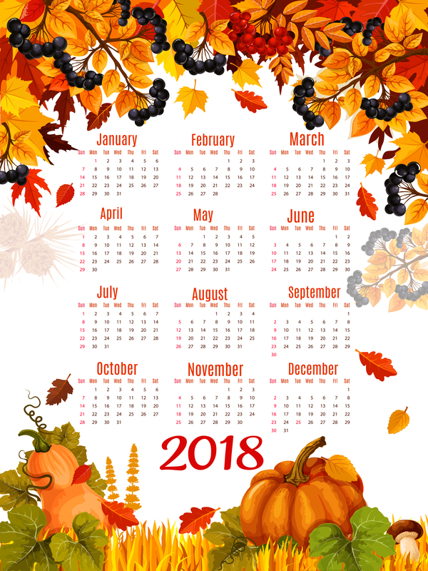 Autumn styles 2018 calendar template vector 06