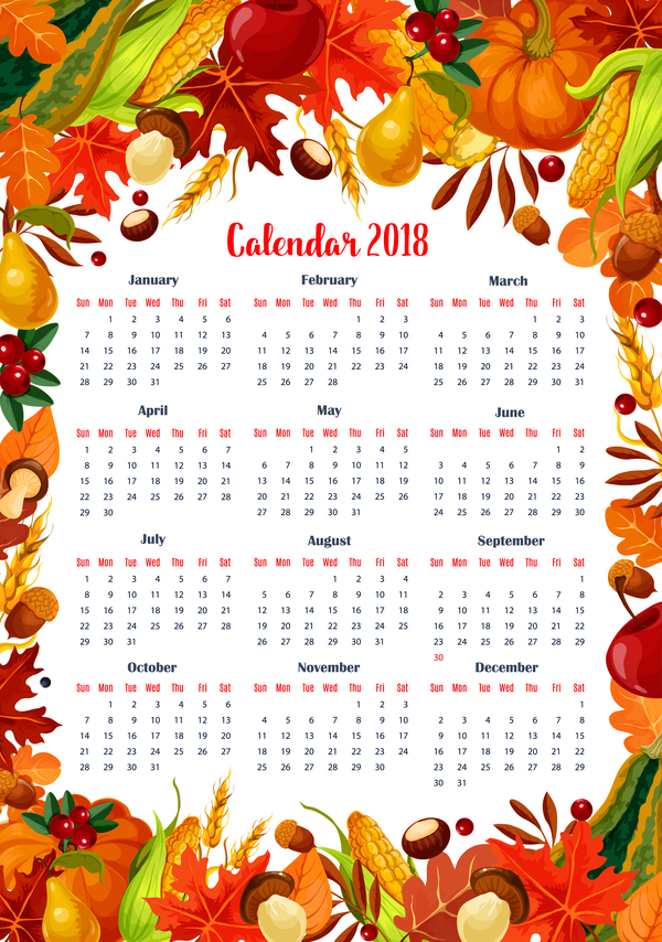 Autumn styles 2018 calendar template vector 08