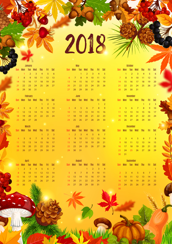 Autumn styles 2018 calendar template vector 09