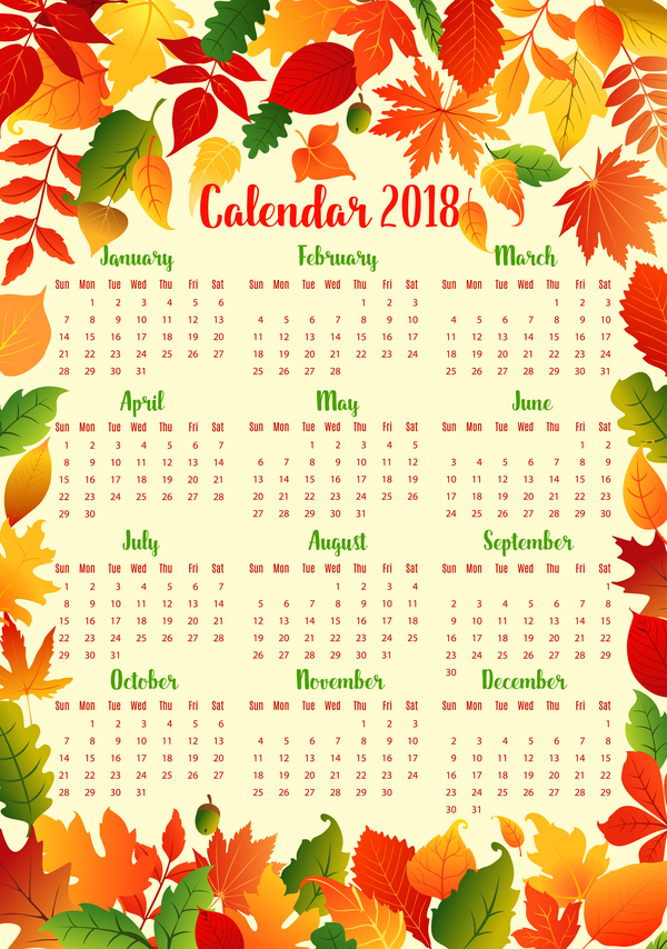Autumn styles 2018 calendar template vector 10