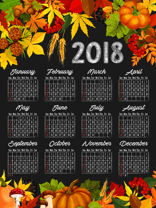 Autumn styles 2018 calendar template vector 11