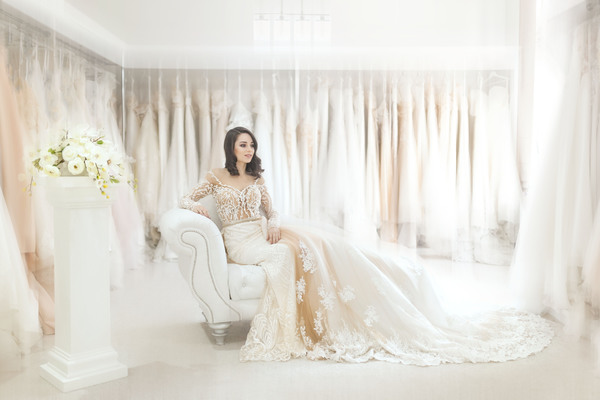 Beautiful bride with elegant white dress Stock Photo