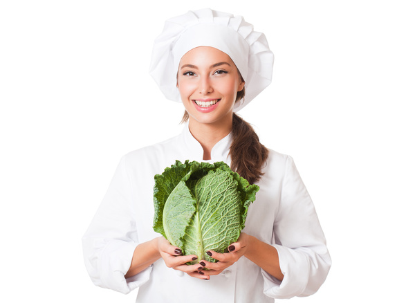 Beautiful female chef holding a cabbage Stock Photo 02
