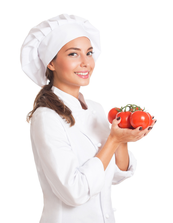 Beautiful female chef holding a tomato Stock Photo 02