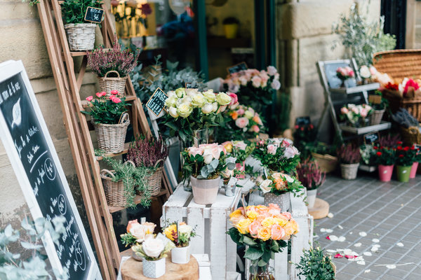 Beautiful fresh flowers in shop Stock Photo