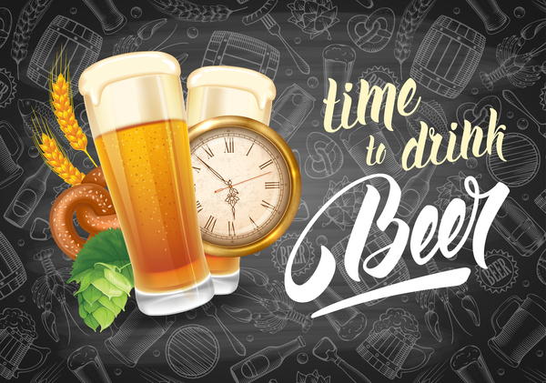 Beer drink with time and blackboard background vector 01