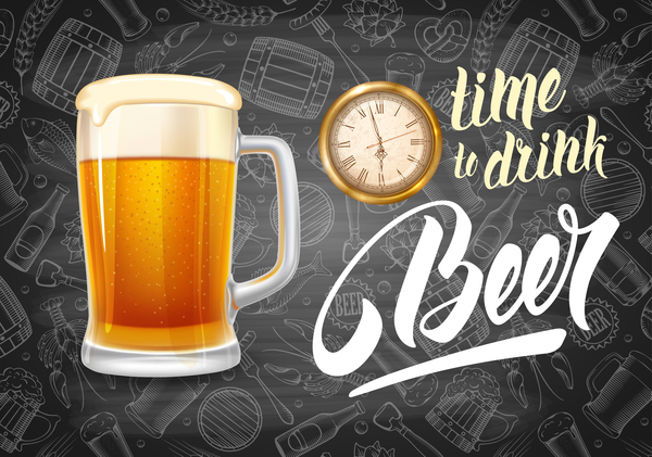 Beer drink with time and blackboard background vector 02