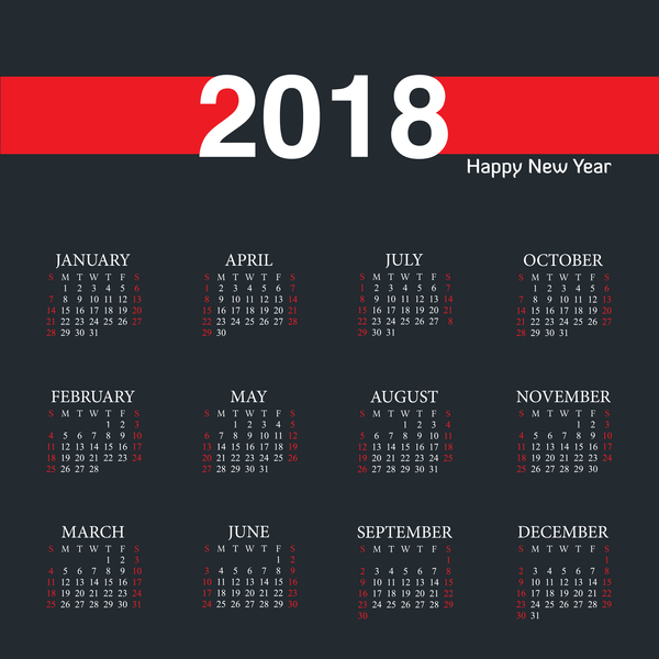 Black with red calendar 2018 template vector design
