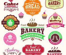 Cakes with bakery labels design vector set