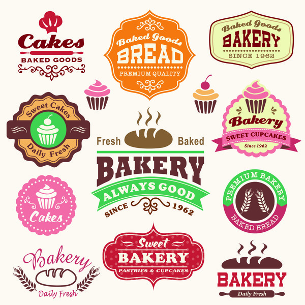 Cakes with bakery labels design vector set