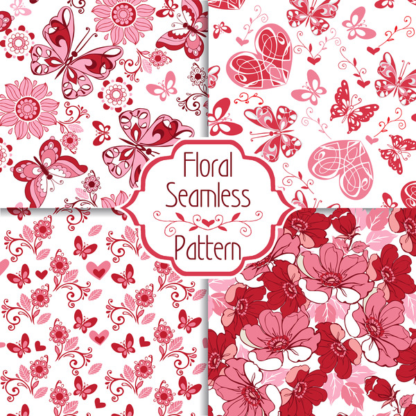 Collection of floral seamless pattern with decorative hearts and butterflies vector
