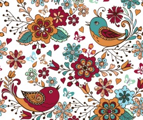 Colorful seamless pattern with birds with flowers and hearts vector