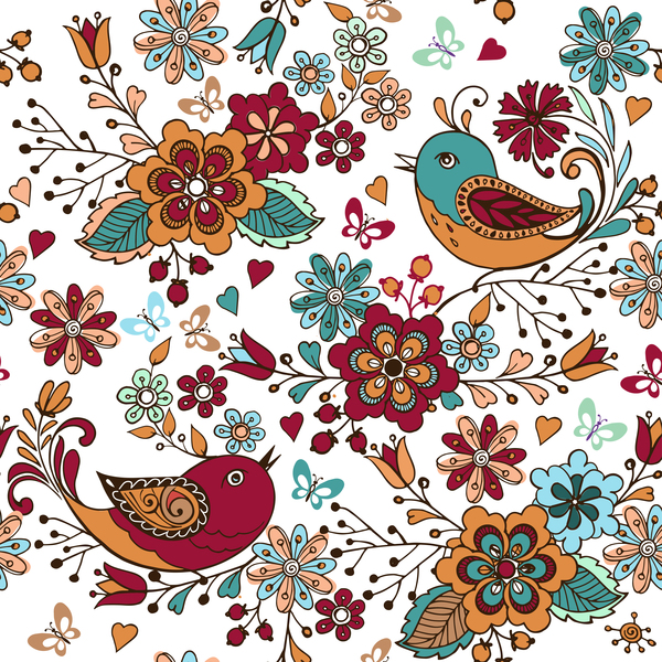 Colorful seamless pattern with birds with flowers and hearts vector