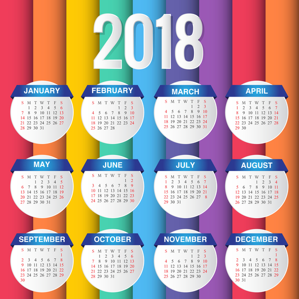 Creative calendar 2018 template with colored background vector