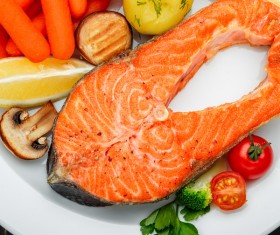 Crispy roasted salmon steak with vegetables Stock Photo 01