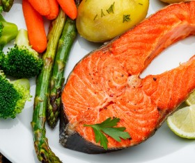 Crispy roasted salmon steak with vegetables Stock Photo 02