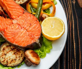 Crispy roasted salmon steak with vegetables Stock Photo 03