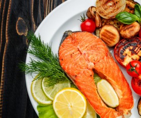 Crispy roasted salmon steak with vegetables Stock Photo 04