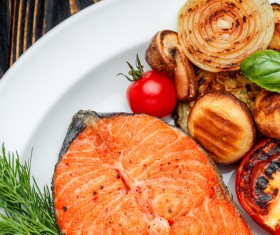Crispy roasted salmon steak with vegetables Stock Photo 05