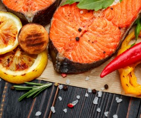 Crispy roasted salmon steak with vegetables Stock Photo 08